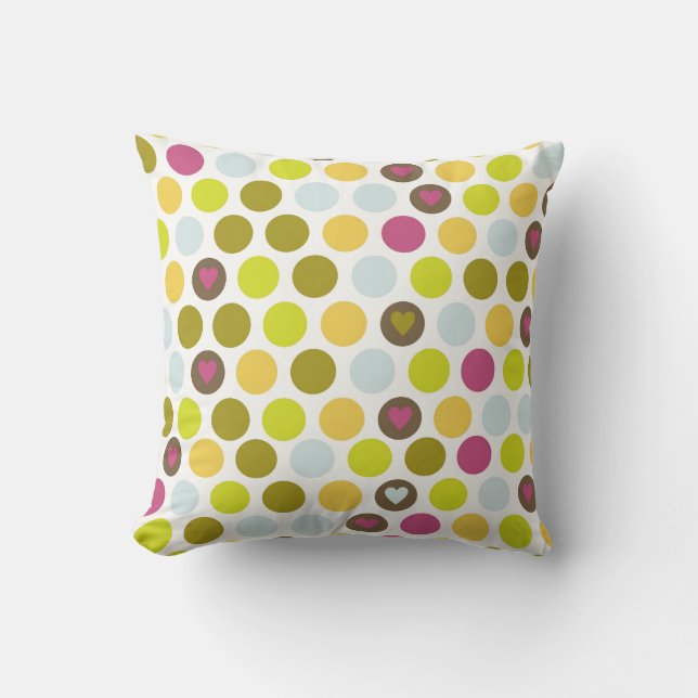 Retro Circles and Hearts Pattern Green Gold Blue Throw Pillow (Front)