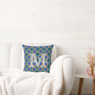Retro Circles Geometric Monogram Name Peacock Throw Pillow