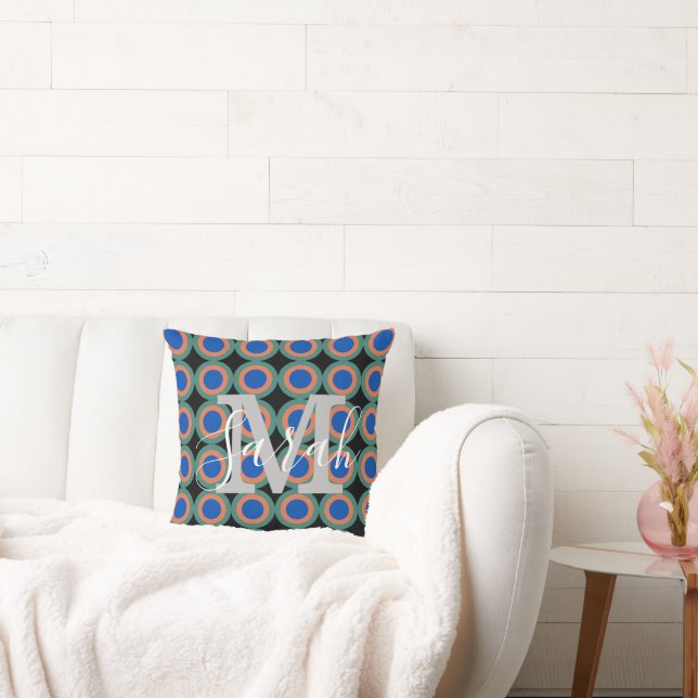 Retro Circles Geometric Monogram Name  Throw Pillow (Couch)