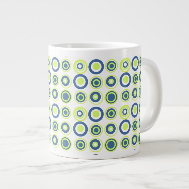 Retro Circles Lime Pea Green Teal On White  Giant Coffee Mug (Front Right)