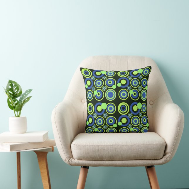 Retro Circles Party Blue Green Black Throw Pillow (Chair)