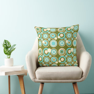 Retro Circles Party Dusty Olive Turquoise Cream Throw Pillow