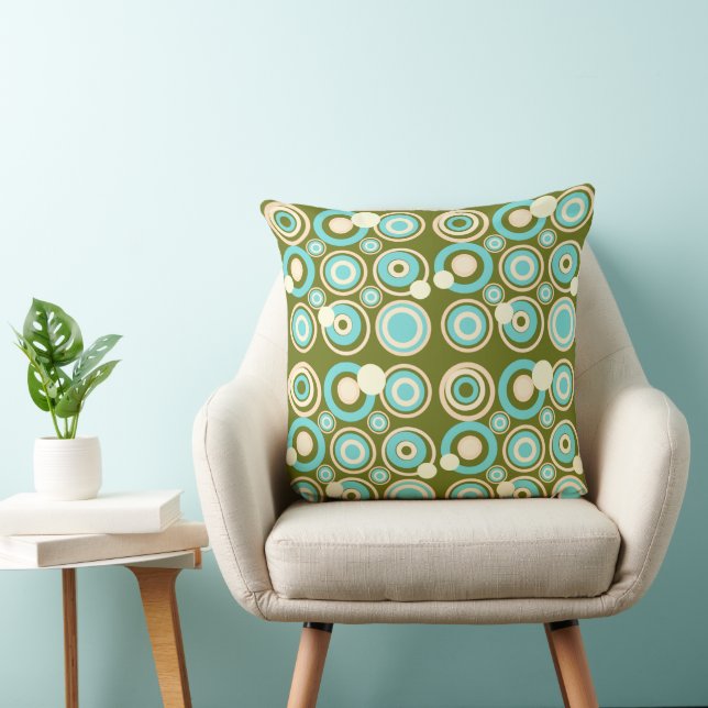 Retro Circles Party Dusty Olive Turquoise Cream  Throw Pillow (Chair)