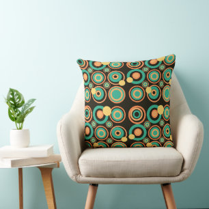Retro Circles Party Orange Teal Black Throw Pillow
