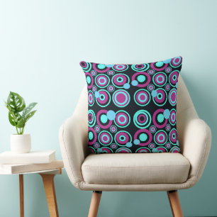Retro Circles Party Turquoise Magenta Black Throw Pillow