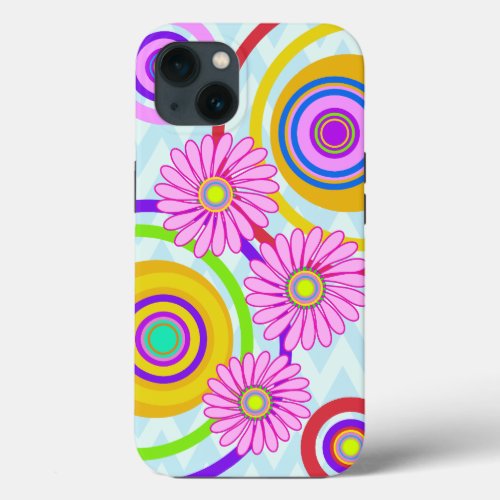 Retro circles  pink flowers iPhone case