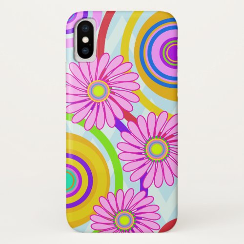 Retro circles  pink flowers iPhone case