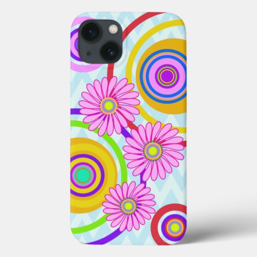 Retro circles  pink flowers iPhone case