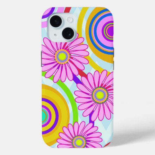 Retro circles  pink flowers iPhone case