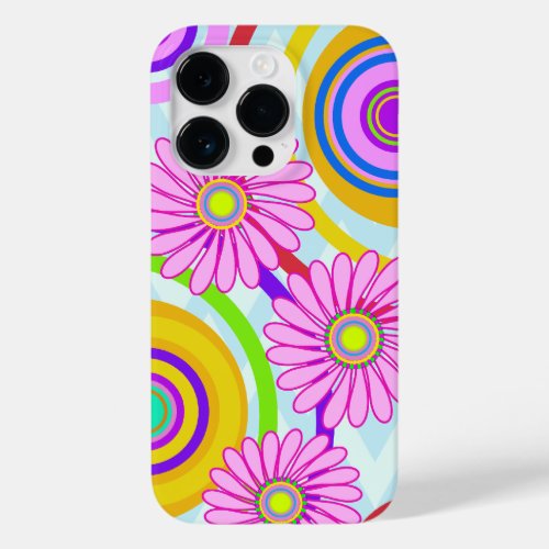 Retro circles  pink flowers iPhone case