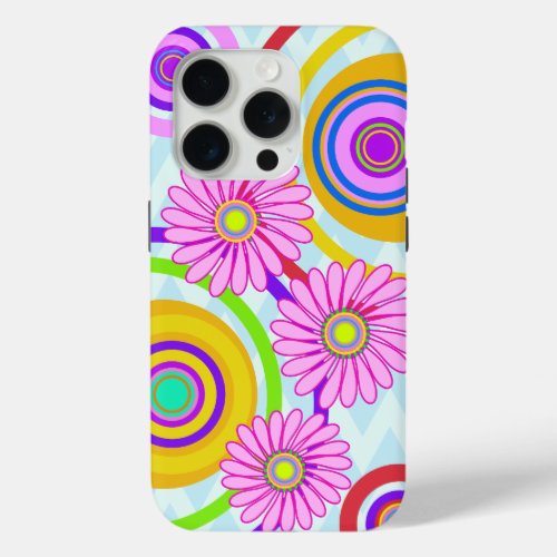 Retro circles  pink flowers iPhone case