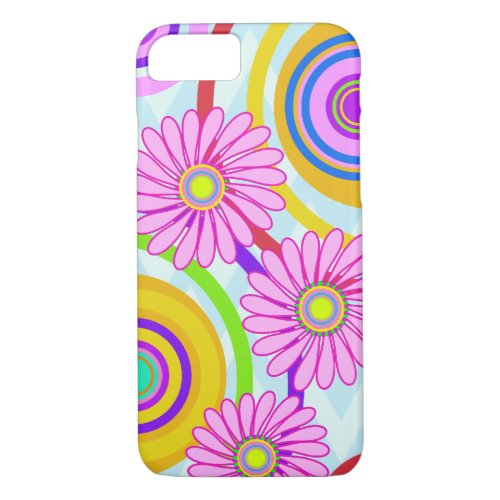 Retro circles  pink flowers iPhone case