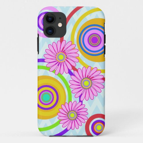 Retro circles  pink flowers iPhone case