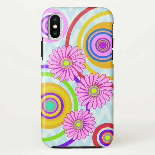 Retro circles  pink flowers iPhone case