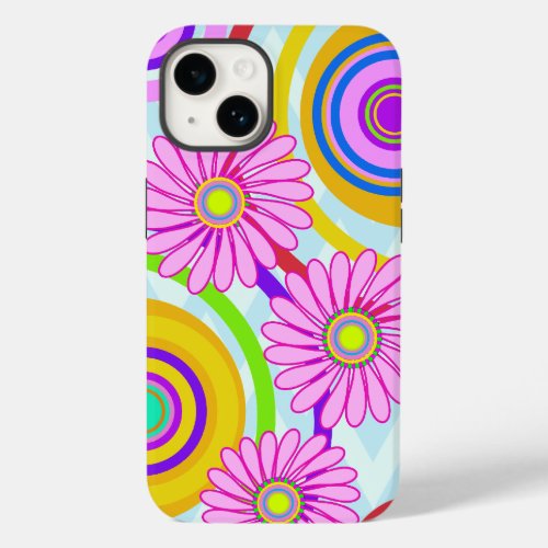 Retro circles  pink flowers iPhone case