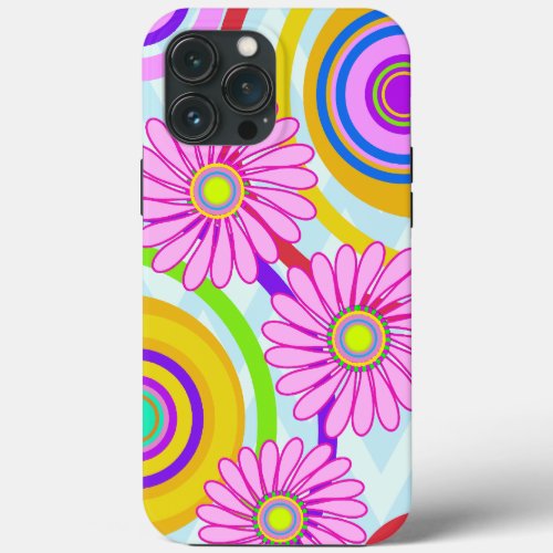 Retro circles  pink flowers iPhone case