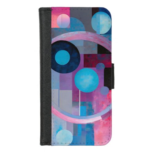 Retro Circles  Squares in Soft Tones Pink  Blue iPhone 87 Wallet Case
