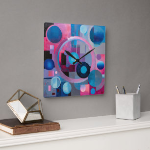 Retro Circles & Squares in Soft Tones Pink & Blue Square Wall Clock