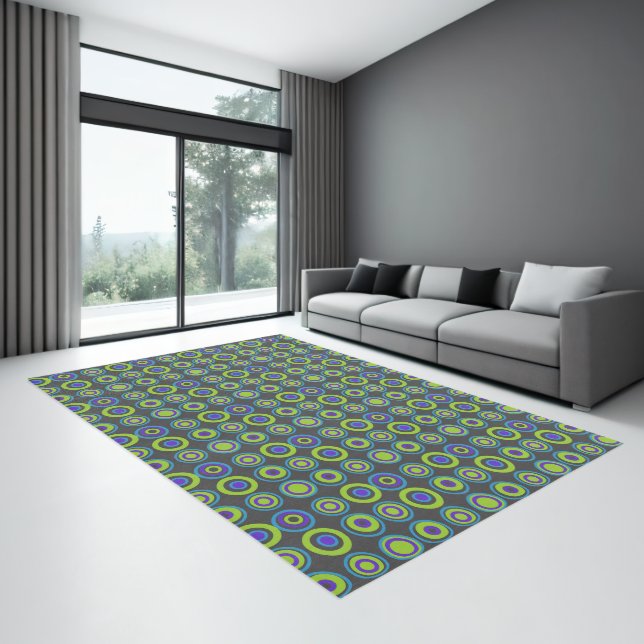 Retro Circles Teal Purple Green On Dark Grey  Rug (Insitu (Indoor 3))
