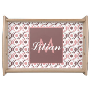 Retro Circular Earthy Tone Pink Monogrammed      Serving Tray