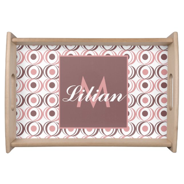 Retro Circular Earthy Tone Pink Monogrammed      Serving Tray (Front)