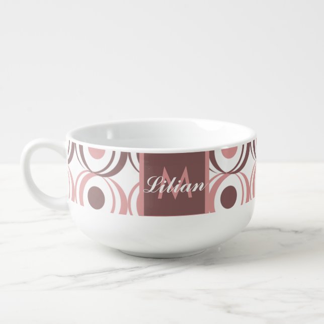 Retro Circular Earthy Tone Pink Monogrammed  Soup Mug (Right)
