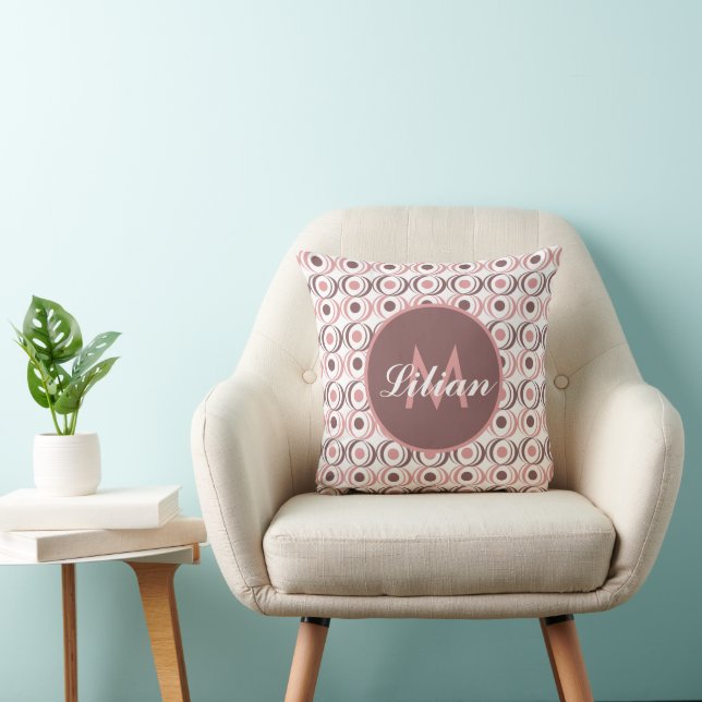 Retro Circular Earthy Tone Pink Monogrammed      Throw Pillow (Chair)