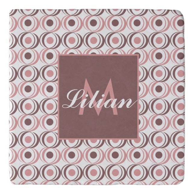 Retro Circular Earthy Tone Pink Monogrammed    Trivet (Front)