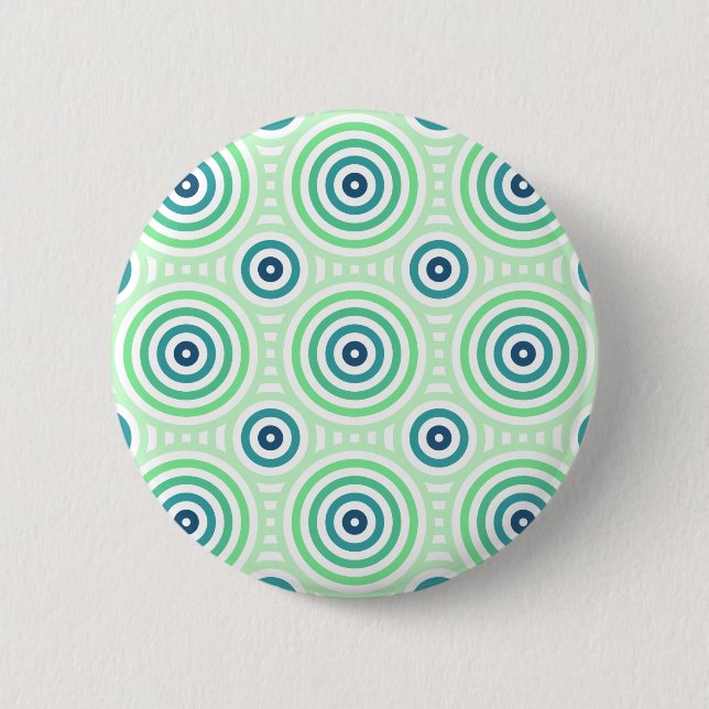 Retro Circular Geometric Pattern in Green & Blue Button (Front)