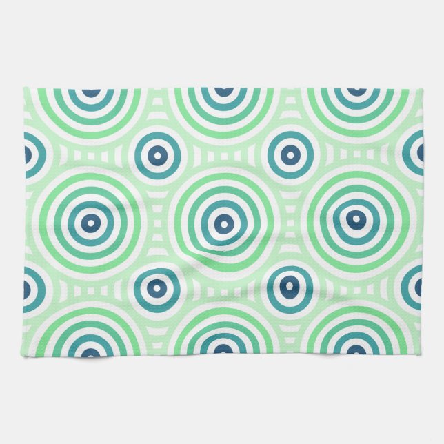 Retro Circular Geometric Pattern in Green & Blue Kitchen Towel (Horizontal)