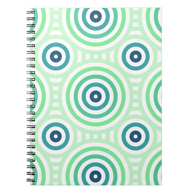 Retro Circular Geometric Pattern in Green & Blue Notebook (Front)