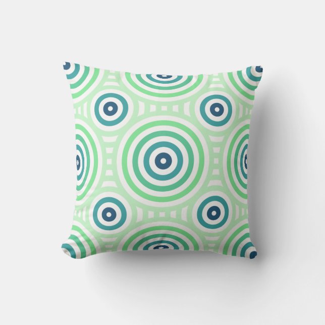 Retro Circular Geometric Pattern in Green & Blue Throw Pillow (Front)