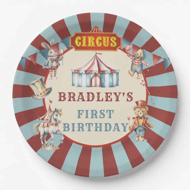 Retro Circus Carnival Animals Birthday Party Paper Plates (Front)