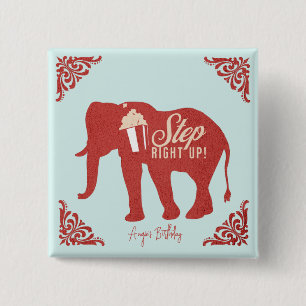 Retro Circus Elephant Popcorn Birthday Party Button
