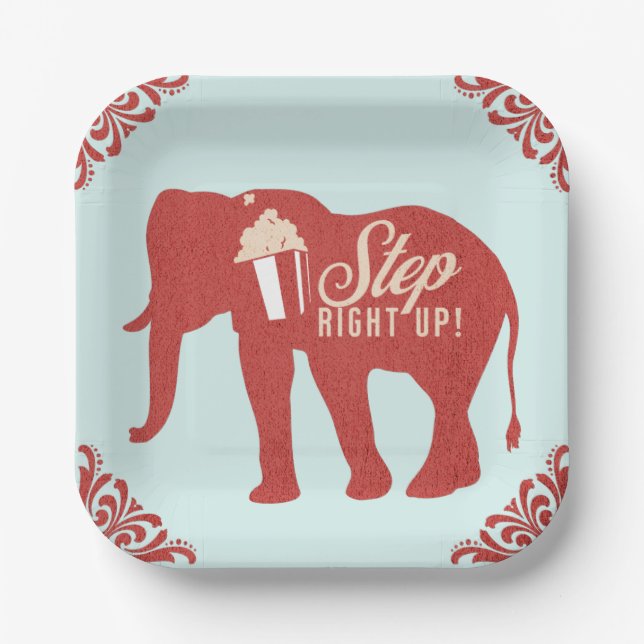 Retro Circus Elephant Popcorn Birthday Party  Paper Plates (Front)