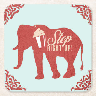 Retro Circus Elephant Popcorn Birthday Party Square Paper Coaster