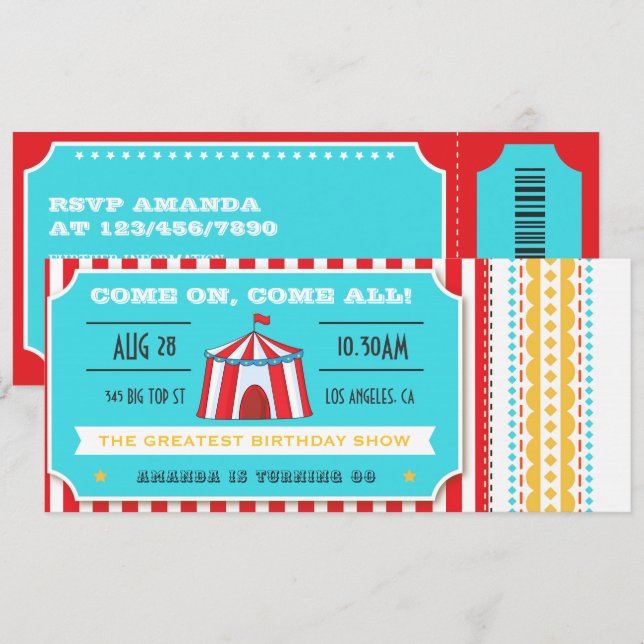 Retro Circus Ticket Kids Birthday Party Invitation (Front/Back)