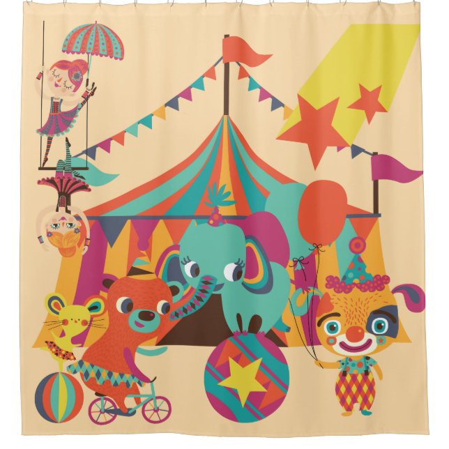 Retro Circus With Elephant, Bear, Acrobats Shower Curtain (Front)