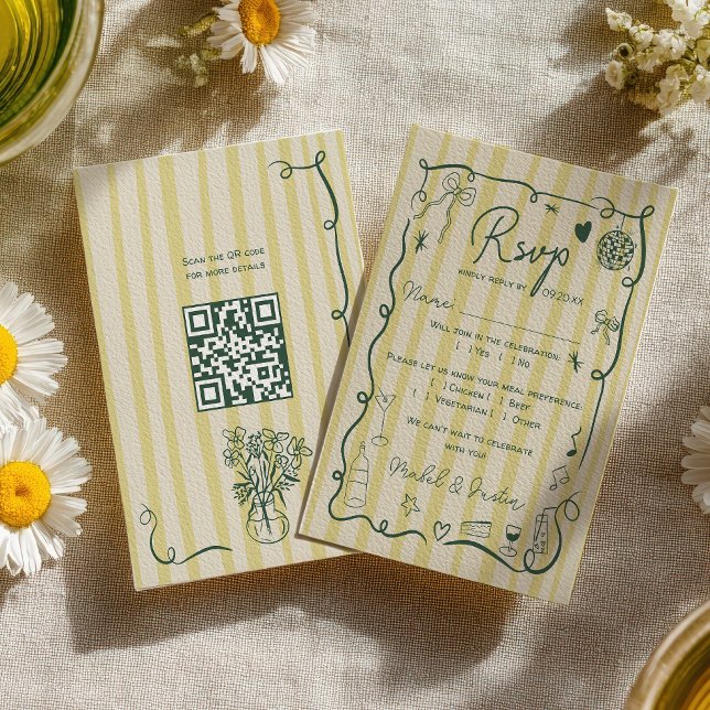 Retro Citrus Green hand drawn wedding QR RSVP Card (Retro Citrus Green hand drawn wedding QR RSVP Card)