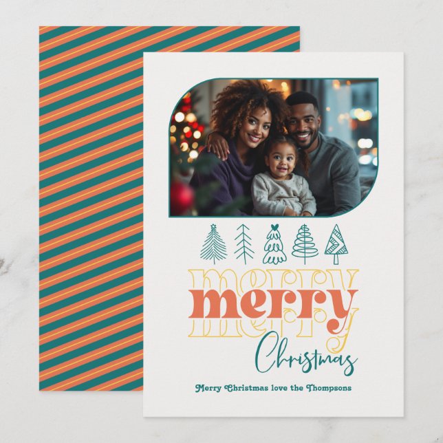 Retro Citrus Pop Modern Doodle Christmas Photo Holiday Card (Front/Back)