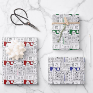 Retro City Brownstones Personalized Jewel-Toned Wrapping Paper Sheets