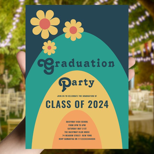 Retro Class of 2024 Graduation Party Invitation (Retro class of 2024 high school graduation party with groovy typography blue green yellow orange)