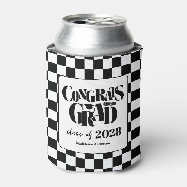 Retro Class of Congrats Graduation Black And White Can Cooler (Can Front)