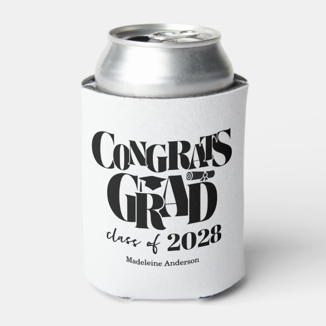 Retro Class of Congrats Graduation Black And White Can Cooler (Can Front)