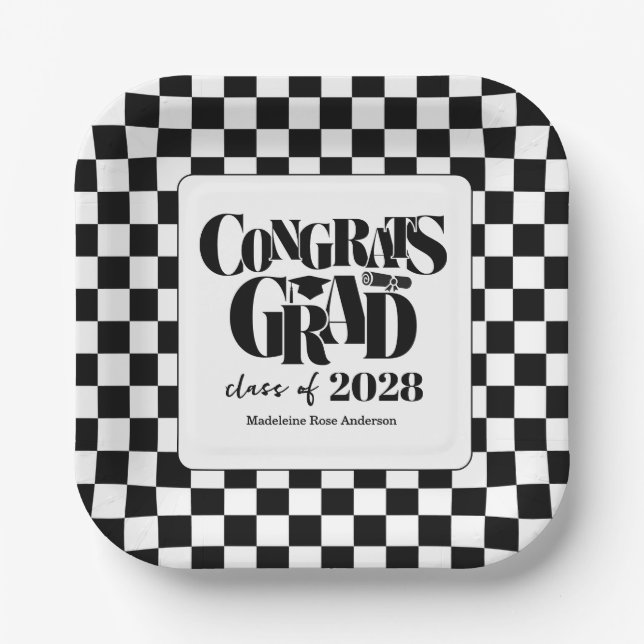 Retro Class of Congrats Graduation Black  Paper Plates (Front)