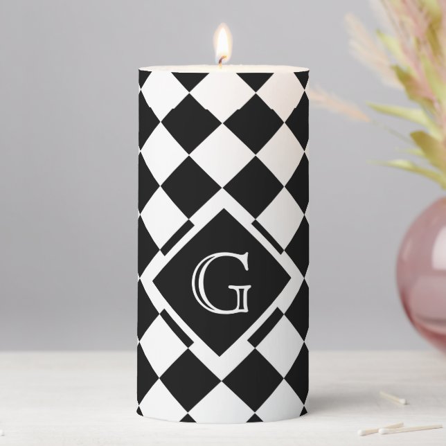 Retro Classic Black White Triangle Square Monogram Pillar Candle (In Situ)