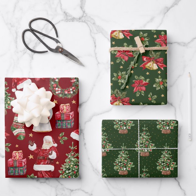 Retro Classic Christmas Holiday Pattern Wrapping Paper Sheets (Front)