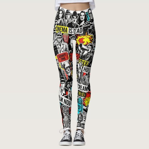 Retro Classic Cinema Stickers Collage - Vintage Fi Leggings