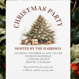 Retro Classic Cute Gold Christmas Tree Invitation