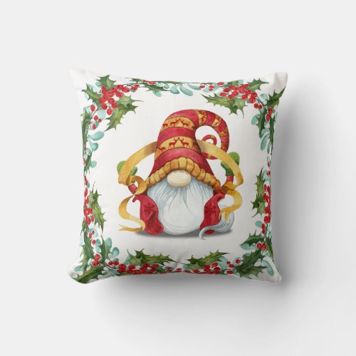 Retro Classic Elf Gnomes Christmas Wreath Holiday Throw Pillow